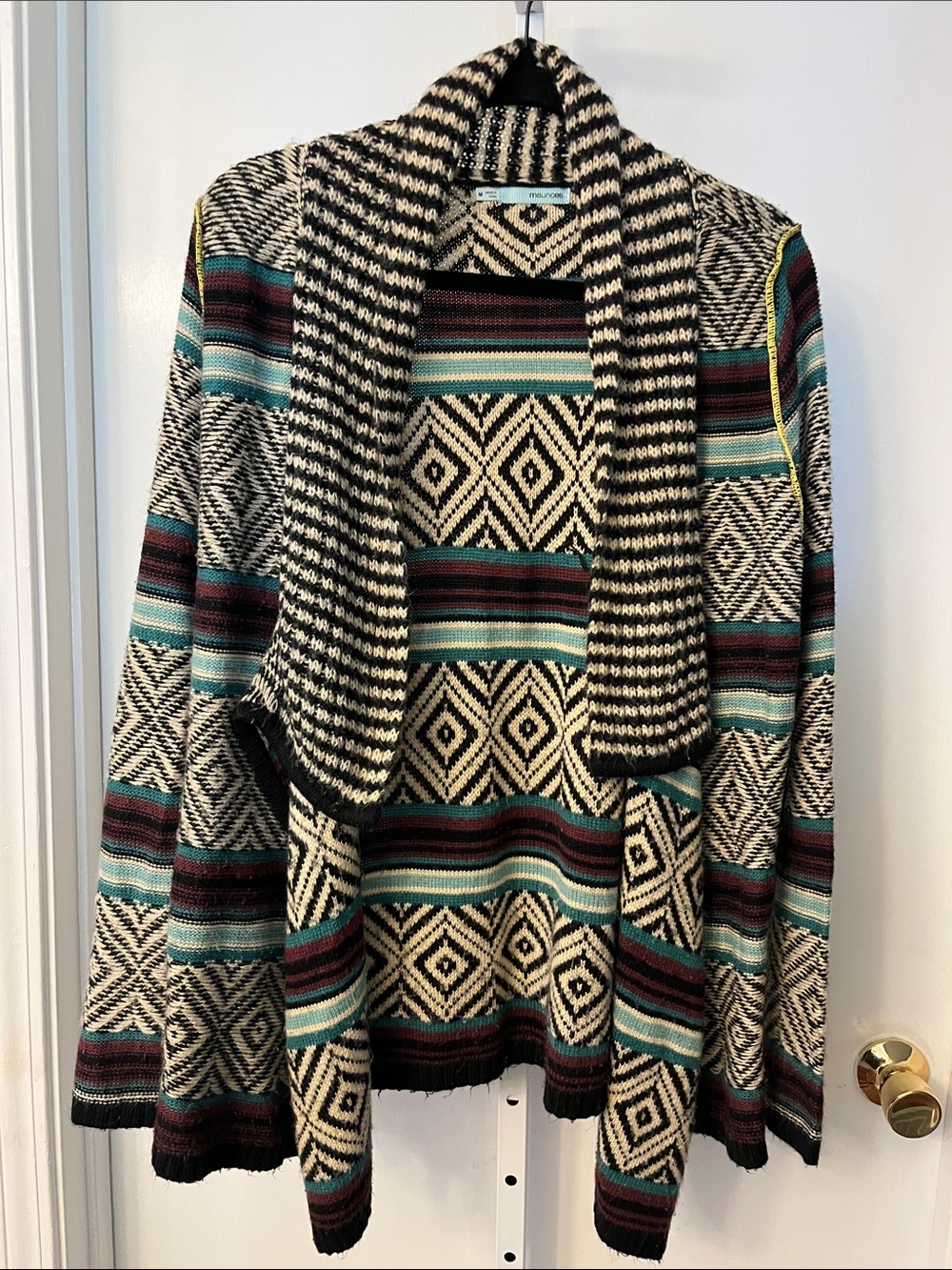 Maurices Teal Burgundy Cream Black Patterned Open-Front Cardigan